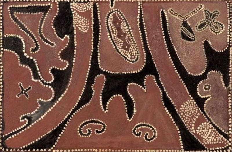 Jack Britten Frog Hollow Story c. 1987 earth pigment painting depicting Frog Hollow Country in the East Kimberley