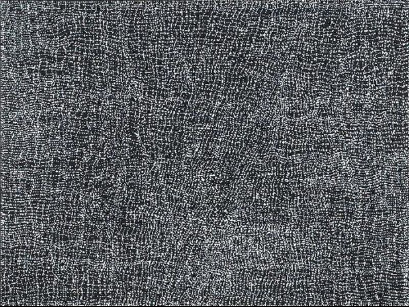 Abstract painting of thousands of tiny white dots on a black background. Dense dotted lines form an intricate, shimmering network that swirls and shifts across the surface without a dominant centre or obvious grid.