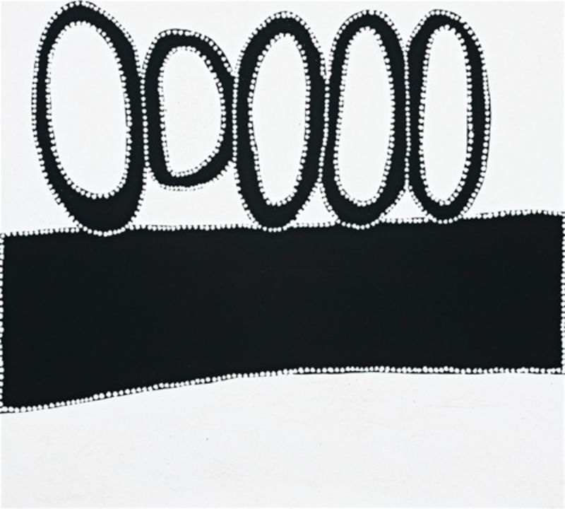 Minimalist Aboriginal painting on a pale cream background. A broad black horizontal band stretches across the middle of the painting. Above it are five tall black oval rings of varying sizes arranged in a row. Fine white dots outline every black shape and the outer border, creating a simple, high-contrast composition using only black, white and cream.
