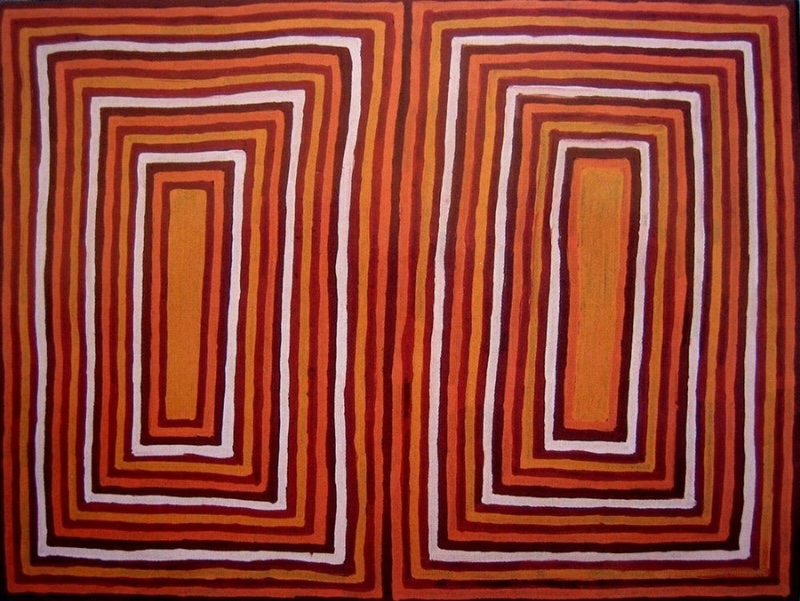 Turkey Tolson Tjupurrula Kungka Kuntjarra (Two Women) 1999 Aboriginal painting with paired concentric rectangular designs in ochre, red, brown and white representing two women in Pintupi tradition.