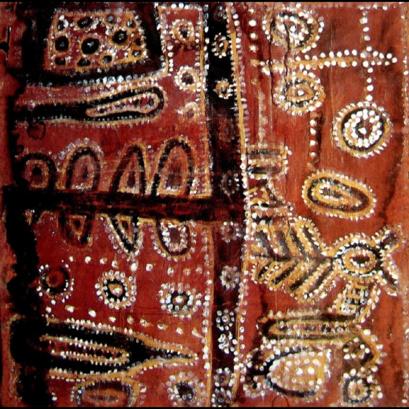 Kirr Kirr Ceremony by Paddy Jaminji, c. 1985, a ceremonial painting in natural earth pigments showing multiple figures, symbols and dotted forms.