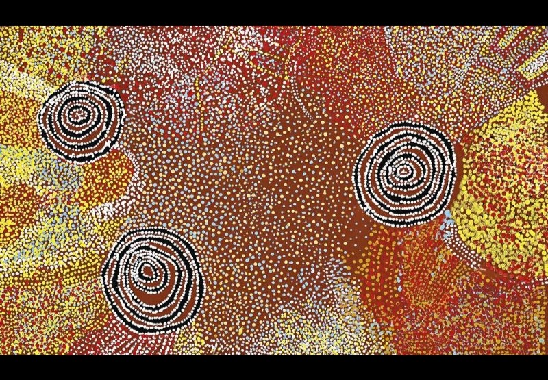 Rockholes Near the Olgas 2006 by Bill Whiskey Tjapaltjarri, showing three concentric rockholes within densely dotted ancestral Country near Kata Tjuta.