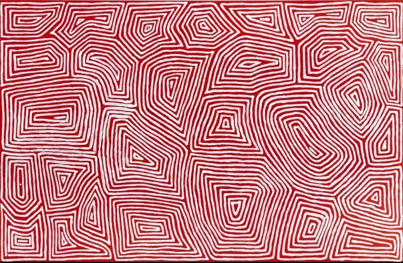 George Tjungurrayi Tingari c.2022 acrylic on canvas with red and white abstract parallel line painting