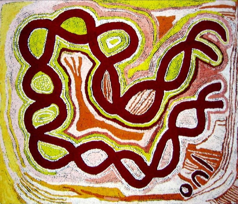Maggie Watson Napangardi painting with bold interlocking dark red forms enclosing green, orange, pink and white shapes, surrounded by flowing bands of yellow, pink and ochre dots.