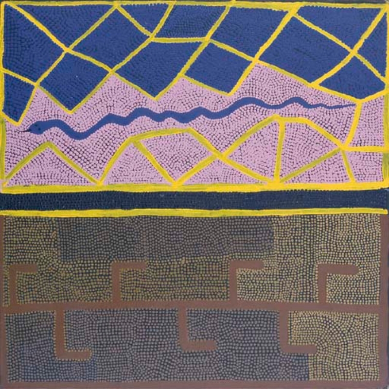 Boxer Milner’s Untitled (2001), with yellow angular lines, a winding blue form and brown hooked lines dividing densely dotted fields of blue, pink, grey and ochre.
