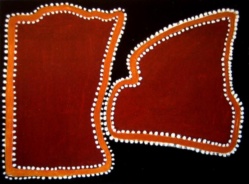 Untitled by Paddy Jaminji, 1985, a Warmun painting in natural earth pigments with two large red ochre forms outlined in white dots.