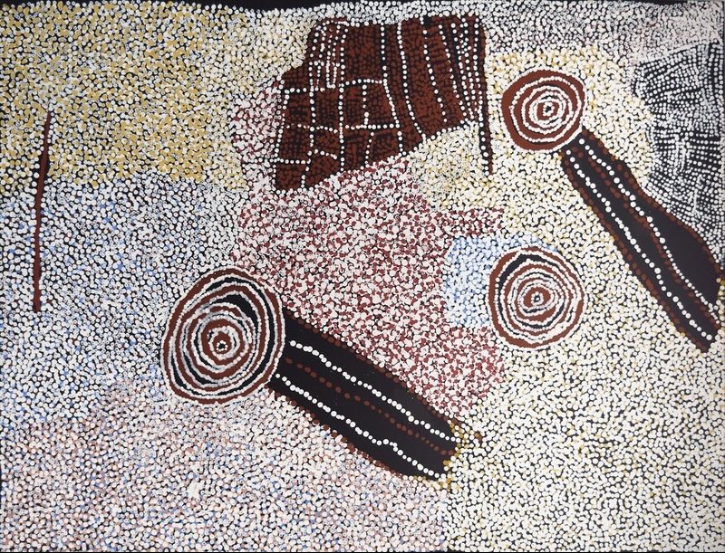Rock Holes and Country Near the Olgas 2008 by Bill Whiskey Tjapaltjarri, with three concentric rockholes amid densely dotted desert Country.