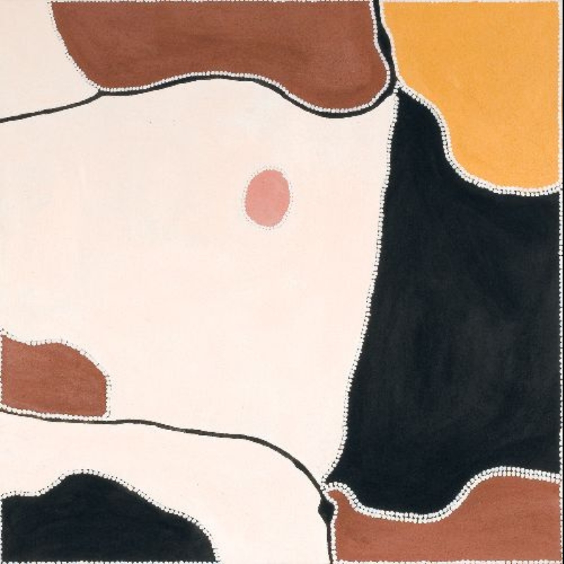 Freddie Timms Blue Tongue Nightcamp, Mabel Downs, 1997, ochre painting with pale cream, black, brown, yellow and pink fields divided by dotted boundaries and black tracks