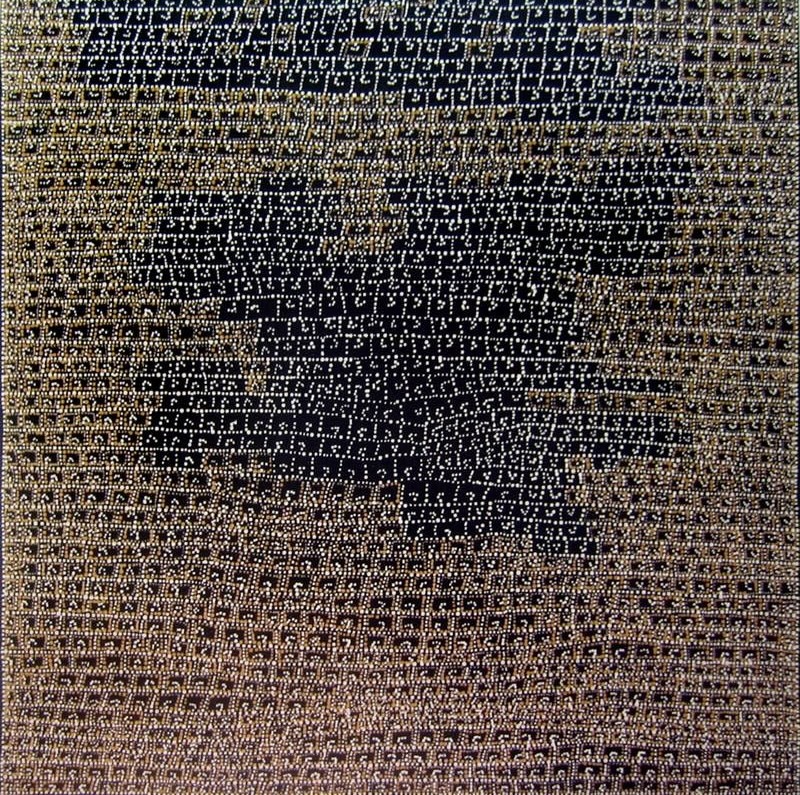 Abstract painting of thousands of tiny cream and white dots on a black background. The dots form tightly packed horizontal rows of small hooked shapes surrounding a large dark central form that stands out against the lighter patterned areas.