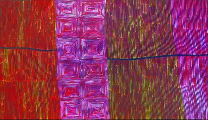 Ronnie Tjampitjinpa Bush Fire Dreaming and Tingari Cycle 2005 painting, with vivid red, pink and ochre linear fields surrounding a central column of concentric rectangular motifs.