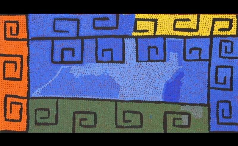 Boxer Milner’s Purkitji (2007), with a large blue central field surrounded by repeated black hooked and spiral forms set against blue, green, orange and yellow dotted areas.