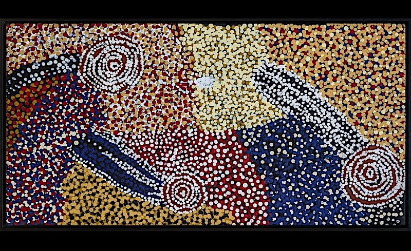 Rock Holes and Country Near the Olgas 2007 by Bill Whiskey Tjapaltjarri, with three concentric rockholes amid dense red, blue, ochre and white dotting.