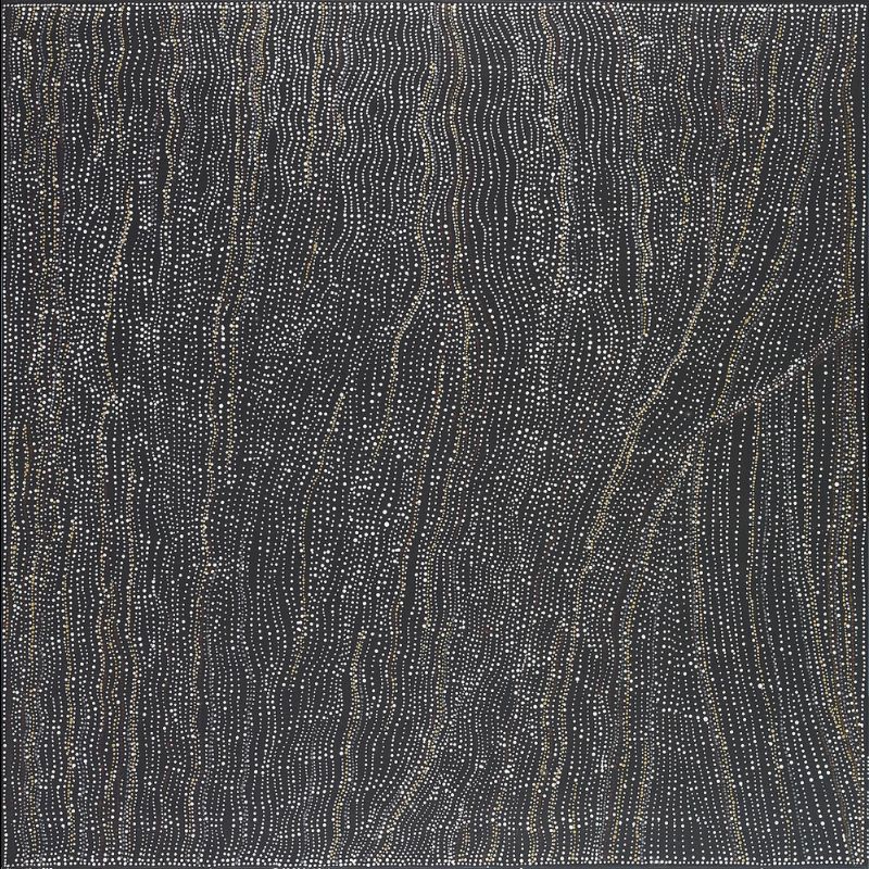 Abstract painting of countless tiny cream and white dots on a black background. The dots form long, gently curving vertical bands that flow across the canvas like parallel waves, creating a shimmering sense of movement.