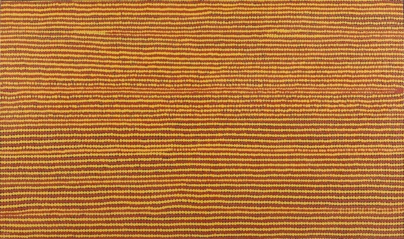 Turkey Tolson Tjupurrula Spear Ceremony 1998 Aboriginal painting with finely painted horizontal dotted bands in ochre, yellow and brown representing a Pintupi ceremonial design.
