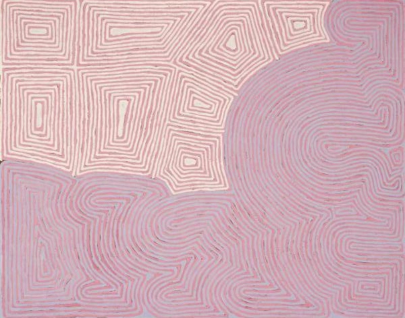 Ronnie Tjampitjinpa Tingari Ceremonies at Wilkinkarra (Lake Mackay) 2002 painting, with pale pink and cream lines forming concentric rectangles and large flowing circular patterns.