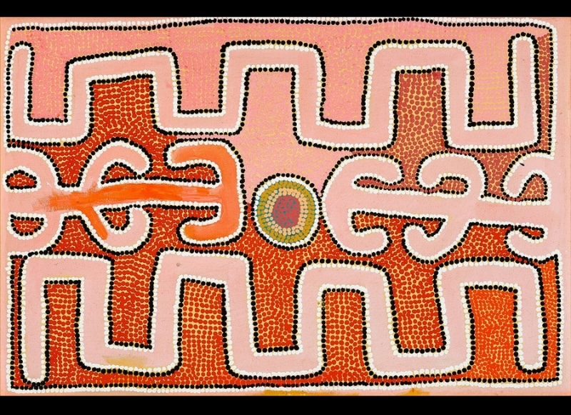 Boxer Milner’s Pitilarkayi (1997), with pale pink winding forms, a central circular motif and dense orange, black and white dotting across the canvas.