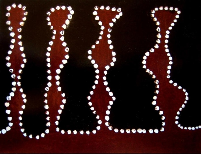 Untitled by Paddy Jaminji, 1985, a Warmun painting in natural earth pigments with four elongated red forms outlined in white dots.