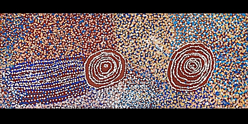 Rockholes Near the Olgas 2007 by Bill Whiskey Tjapaltjarri, showing two concentric rockholes amid vivid blue, red, ochre and white dotting.