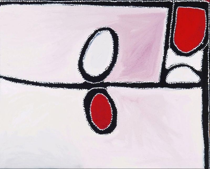 Abstract Aboriginal painting by Paddy Bedford with pale pink and white ochre fields, black pathways, and red and white oval waterholes outlined with white dots.