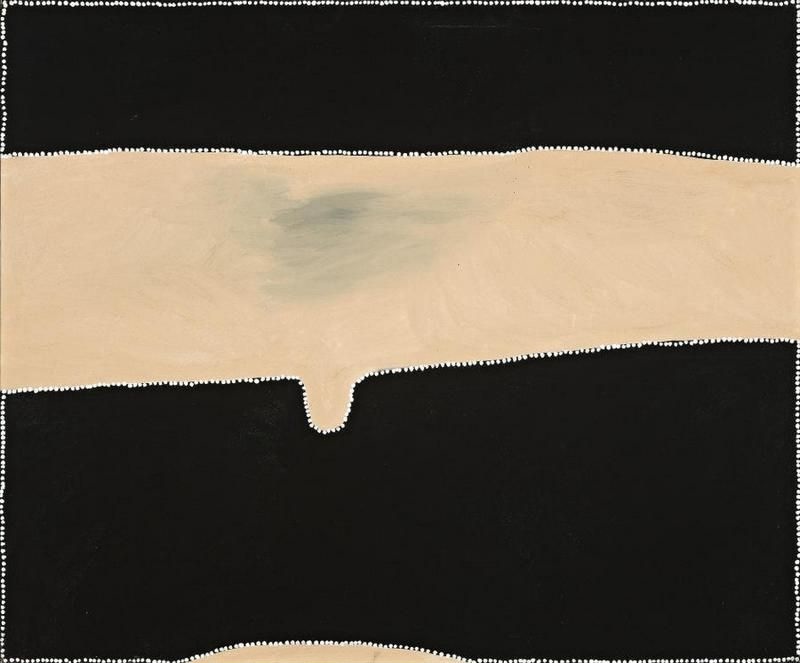 Minimalist Aboriginal painting with two large black horizontal fields separated by a broad cream band stretching across the centre. The cream band gently curves and narrows into a small rounded point near the middle. Fine white dots outline the borders of the black and cream areas and frame the outer edge of the painting, creating a simple, high-contrast composition.