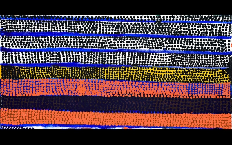 Boxer Milner’s Untitled (2004), featuring horizontal bands of dense black dotting separated by blue lines above bands of yellow, orange and deep blue.