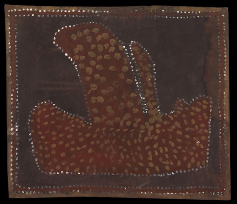Untitled (Two Hills) by Paddy Jaminji, c. 1985, an East Kimberley painting in natural earth pigments depicting two ancestral figures transformed into stone.