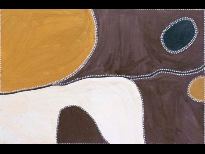 Freddie Timms Coonlu Country, c. 1994, ochre painting with broad yellow, white and dark brown fields, black forms and fine dotted boundaries