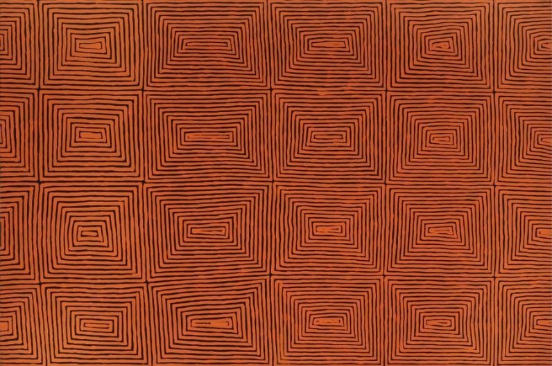 George Tjungurrayi Tingari 2023 acrylic on linen with geometric parallel line Western Desert painting