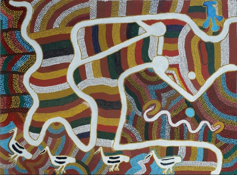 Boxer Milner's Artist's Country (1990), an Aboriginal painting with winding white pathways, concentric bands of coloured dots, circular forms and animal figures across the lower part of the composition.