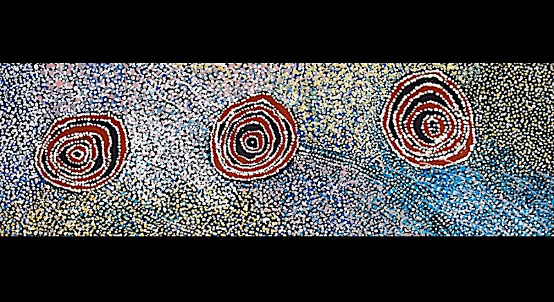 Rockholes and Country Near the Olgas 2006 by Bill Whiskey Tjapaltjarri, showing three concentric rockholes within densely dotted ancestral Country near Kata Tjuta.