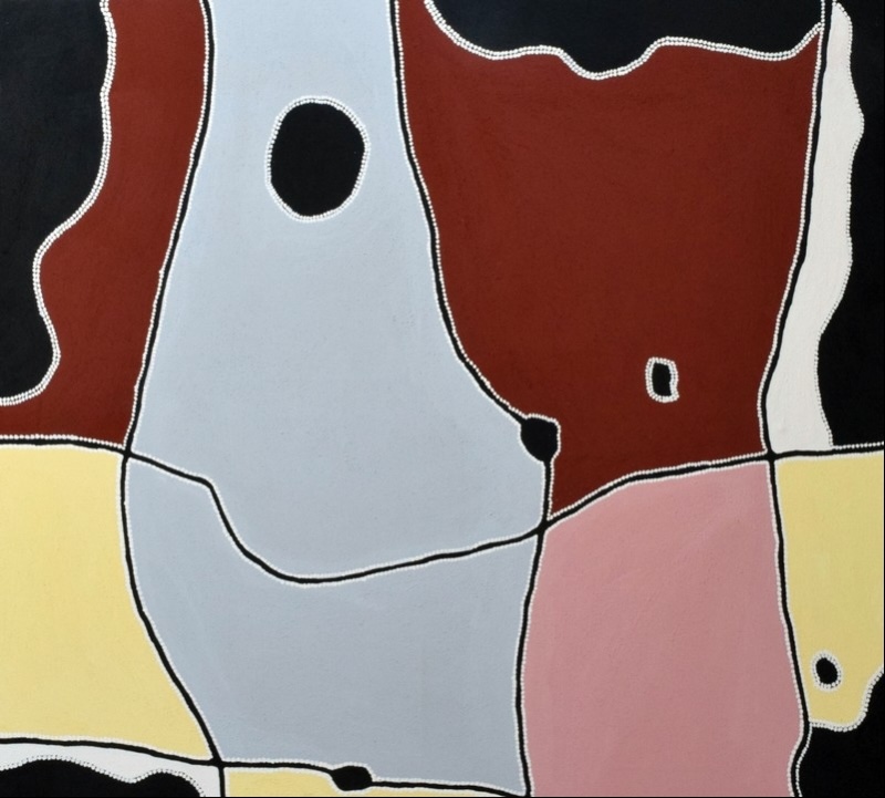Freddie Timms Kilarney, 2008 – aerial East Kimberley landscape in red, grey, pink, yellow, black and white ochres with tracks and waterholes