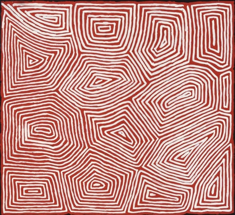 George Tjungurrayi Tingari c.2020 acrylic on canvas with red and white parallel line abstract painting