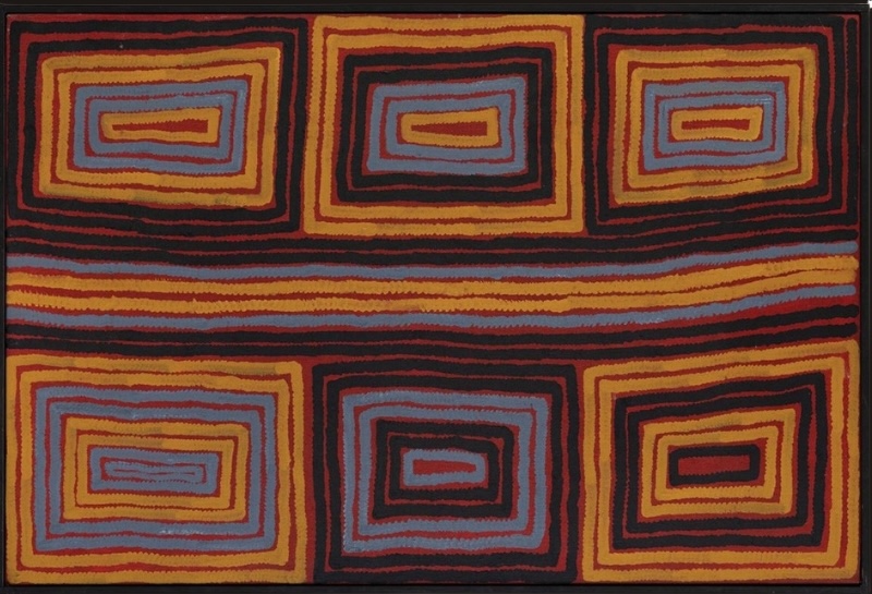 Ronnie Tjampitjinpa’s Untitled (1996), featuring six nested rectangular forms in red, yellow, pale blue and black, divided by a broad horizontal band of parallel lines.