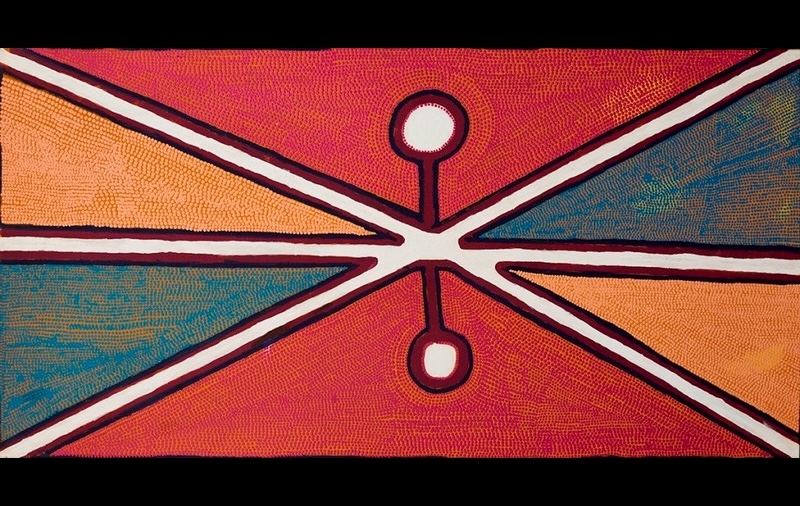 Boxer Milner’s Kiki (2000), with white intersecting linear forms connecting two circular motifs and dividing fields of red, orange and turquoise dense dotting.