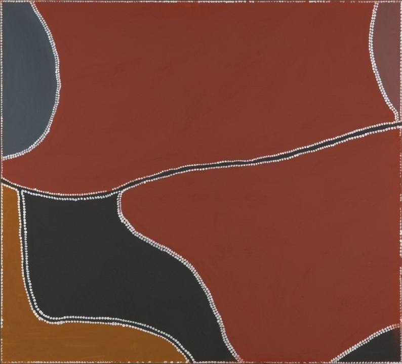 Freddie Timms Pipe Creek 1999, Aboriginal ochre painting with large red, black and yellow-brown shapes outlined by white dots