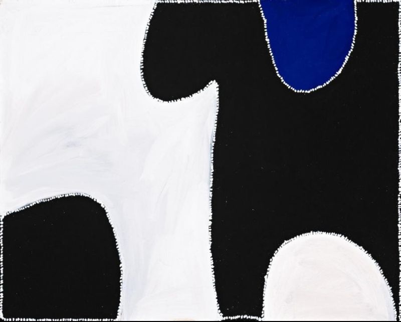 Abstract Aboriginal painting by Paddy Bedford featuring bold black landforms, luminous white washes and a vivid blue waterhole representing Fish Hole in Gija Country.