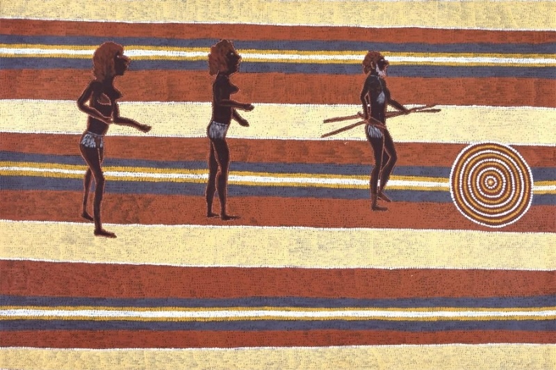 Turkey Tolson Tjupurrula Untitled, 1989. Aboriginal painting showing three standing figures walking across broad horizontal bands towards a concentric circle on a cream, ochre and brown striped background.
