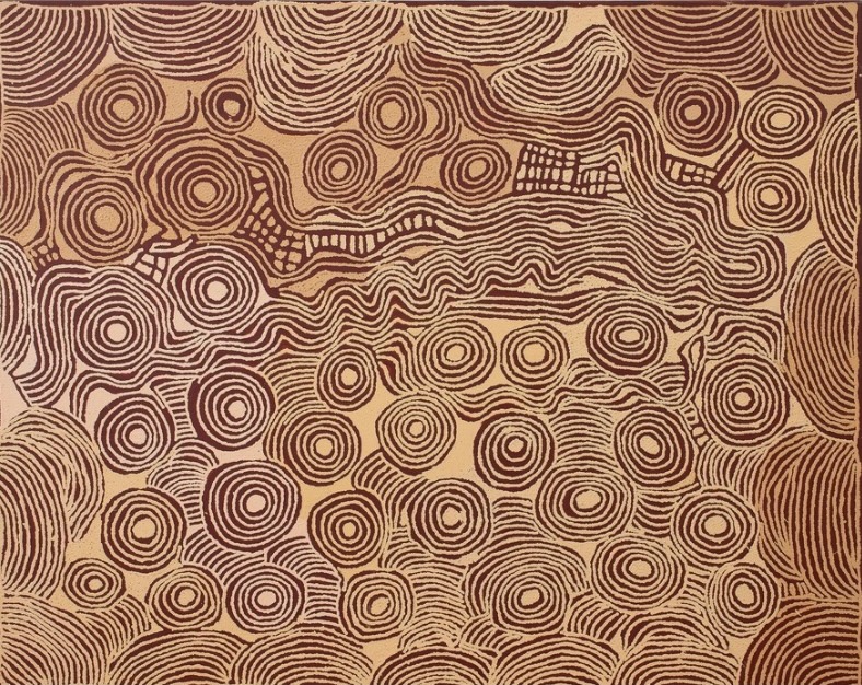 Ningura Napurrula Untitled, 2003, with numerous concentric circular forms, layered arcs and flowing linear designs in earthy brown and cream.