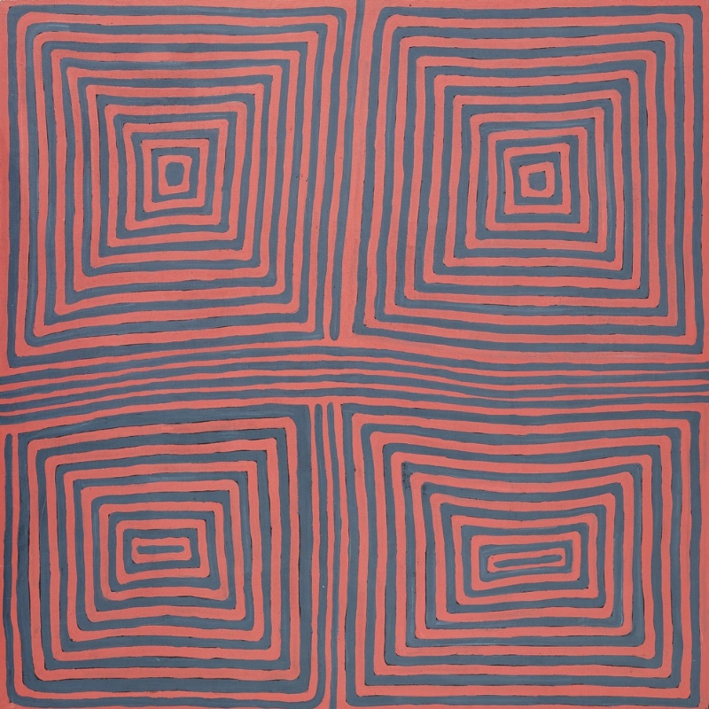 Ronnie Tjampitjinpa’s Wapilka (1995), featuring four large nested rectangular forms created from repeated dark grey and red lines, joined through a cross-like network at the centre.
