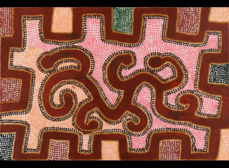 Boxer Milner’s Purkitji (1996), with a central network of curling brown forms surrounded by angular pink, peach, green and burgundy fields of dense dotting.
