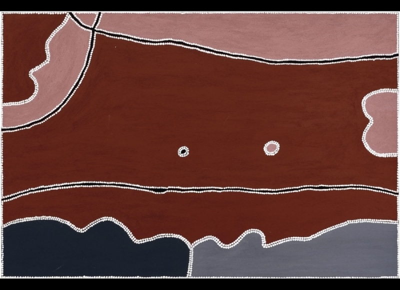 Freddie Timms Mule Creek, 2009 – aerial East Kimberley landscape with creek lines and areas of red, pink, black and grey Country