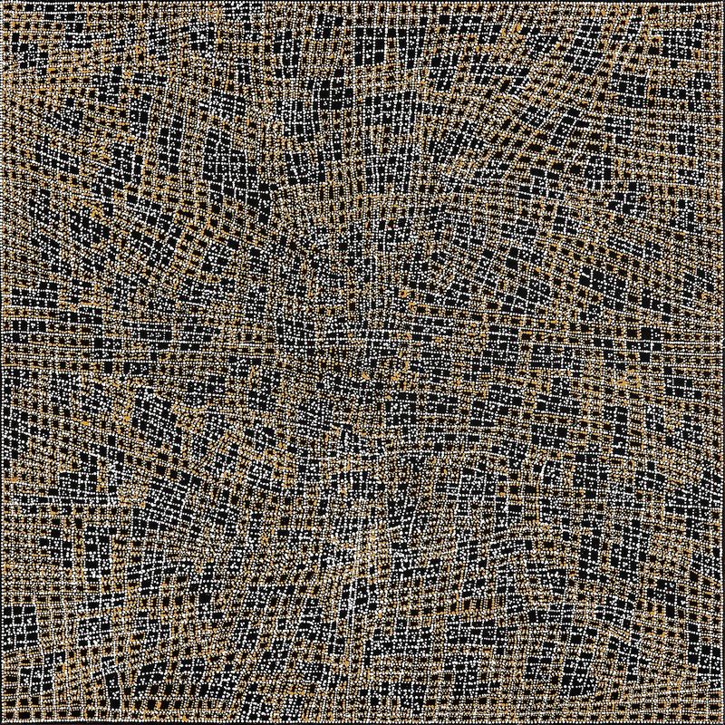 Abstract painting on a black background covered with thousands of tiny white and pale ochre dots forming an intricate network of intersecting lines. Near the centre, the grid curves into a subtle circular vortex before radiating outward in every direction, creating the appearance of ancestral pathways and salt-encrusted ground viewed from above.