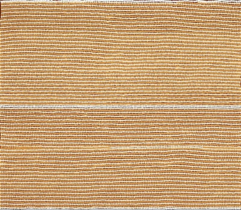 Turkey Tolson Tjupurrula Straightening Spears at Illyingaugau 2000 Aboriginal painting with finely painted horizontal dotted bands in cream, ochre and brown representing the ceremonial straightening of hunting spears.