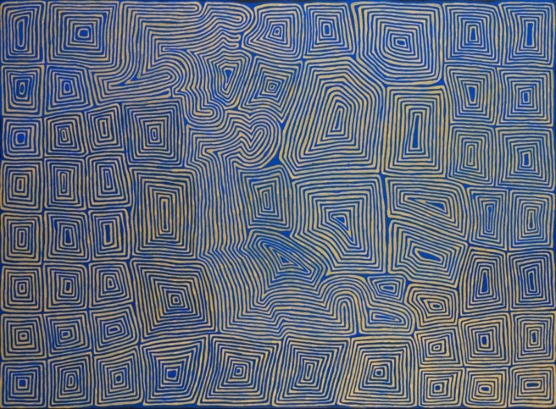 Ronnie Tjampitjinpa Tingari Cycle 2001 painting, with dense blue and cream concentric rectangular forms and flowing parallel lines covering a large horizontal canvas.