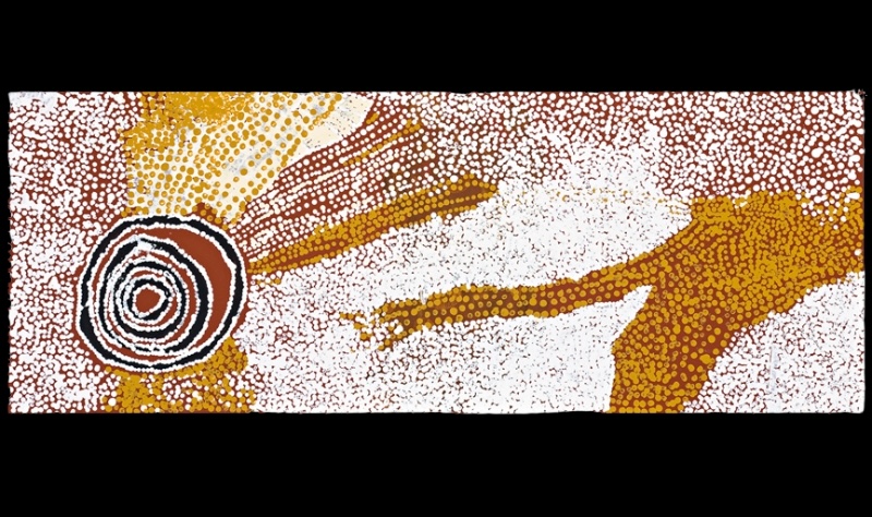 Rockholes Near the Olgas by Bill Whiskey Tjapaltjarri, with a concentric rockhole surrounded by white and ochre dotted Country.