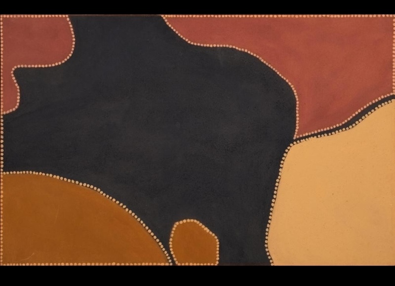Freddie Timms Darraroo Country, 1990, ochre painting with large black, red, yellow and brown fields outlined by rows of pale dots