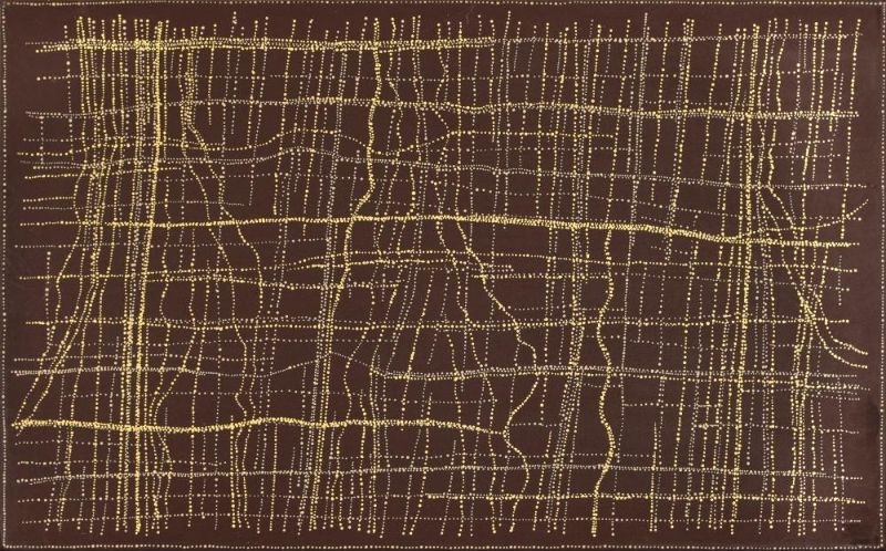 Abstract painting of tiny cream dots on a dark brown background. Fine dotted vertical and horizontal lines form an irregular grid crossed by gently curving pathways, creating the appearance of a delicate woven map.