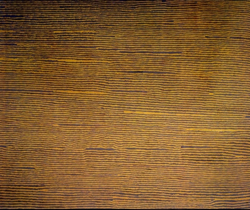Turkey Tolson Tjupurrula Straightening Spears at Illyingaugau 2000 Aboriginal painting with finely painted horizontal dotted bands in ochre and black representing the ceremonial straightening of hunting spears.