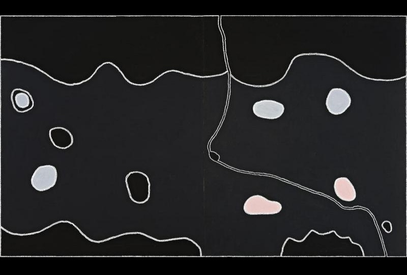 Freddie Timms Crocodile Hole, 2005 – monumental East Kimberley Aboriginal landscape painting with a black ground, white dotted tracks and pale pink, white and black waterhole forms