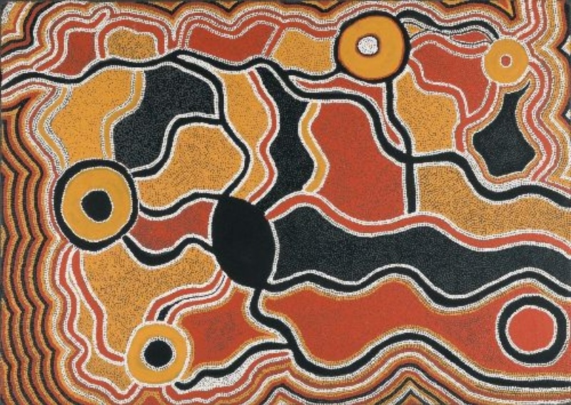 Sunfly Tjampitjin's Liltjin, with circular forms connected by winding black and white pathways across fields of red and ochre surrounded by undulating dotted lines.